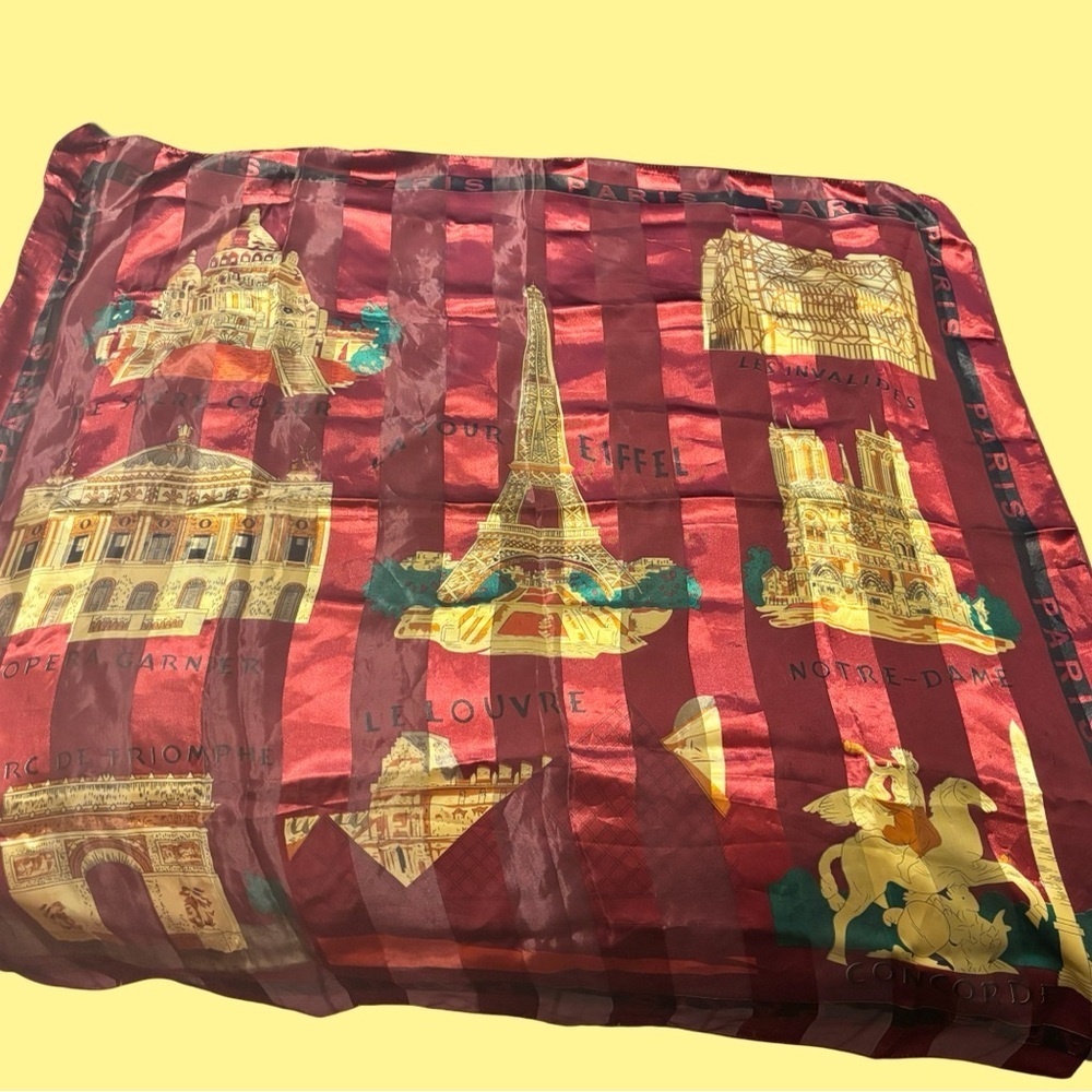 Vintage Paris Scarf Eiffel Tower Notre Dame Red 37” Square France Landmarks - Picture 1 of 9